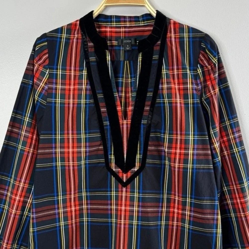 J.Crew‎ Plaid Tunic Top Small Black Red Velvet Trim Long Sleeve Preppy Classic